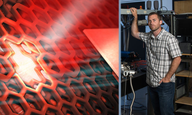 a scientific illustration of a quantum dot and a portrait of Nick Vamivakas in his lab.