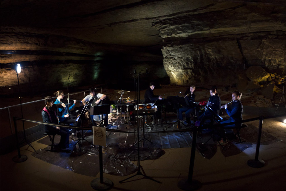 Music in the American Wild ensemble performs in a cave.