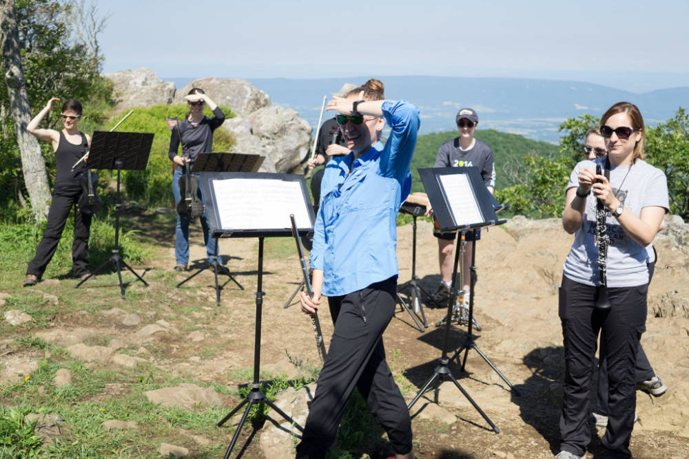 Musicians take a break while performing in Shenandoah National Park.