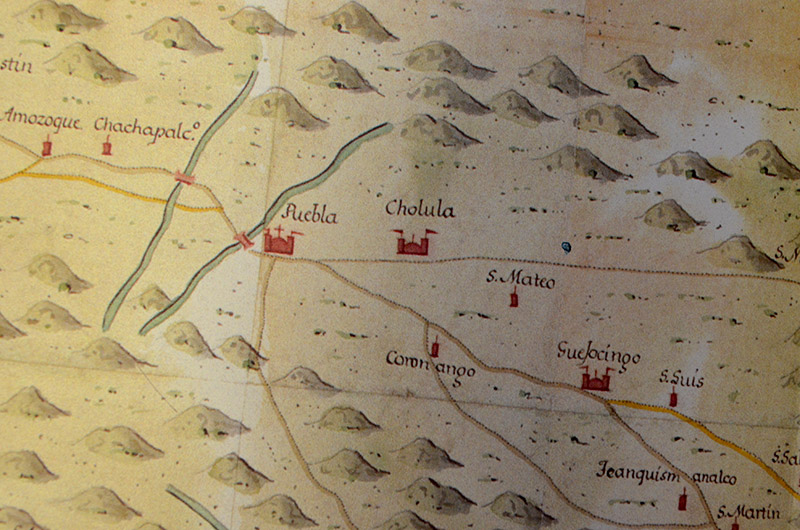 detail of a historic map of Mexico shows town of Puebla