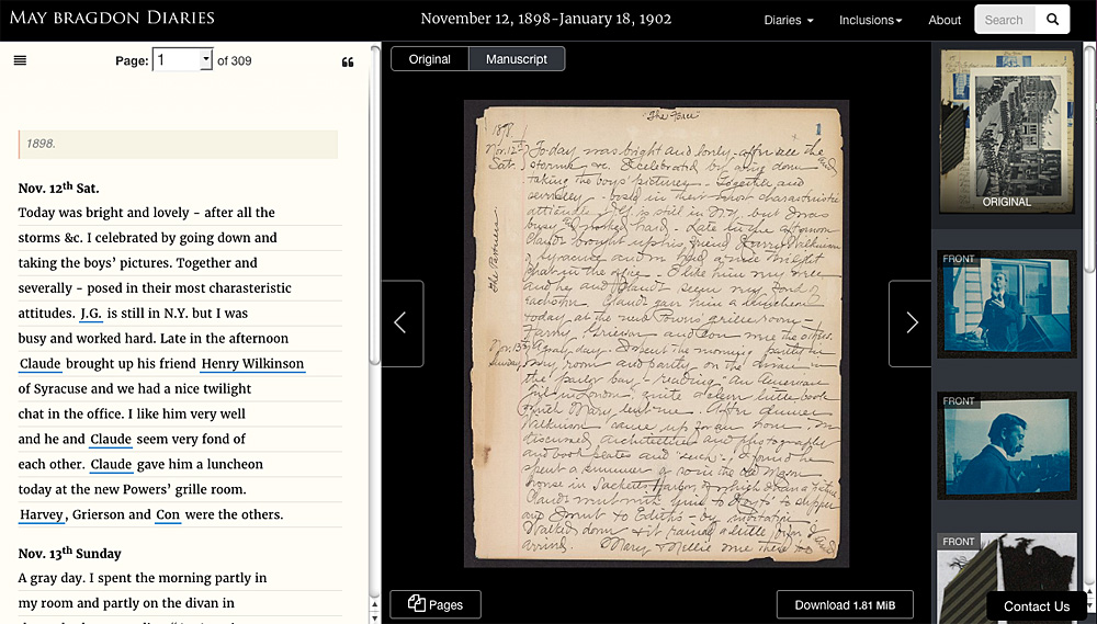 How the same entry appears at the website, which allows simultaneous viewing of a transcription, at left, an unobstructed view of the original manuscript at center, and the inclusions at right. 