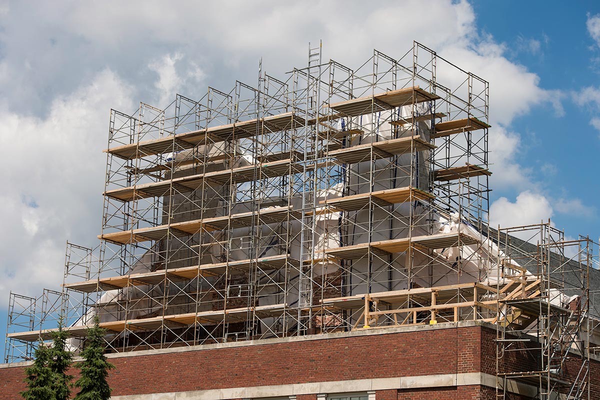 scaffolding around Goergen Athletic Center