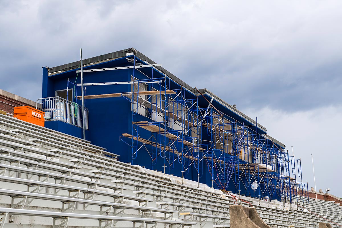 construction scaffolding around stadium press box