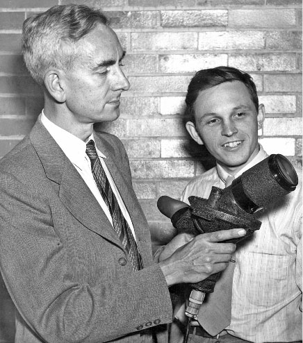 This image from A Jewel in the Crown, a history of the Institute of Optics edited by Carlos Stroud, shows Brian O'Brien, at left, with Institute faculty member Gordon Milne. O'Brien, who was director of the Institute from 1938 to 1951, was among several Institute faculty members who have served as president of the Optical Society.
