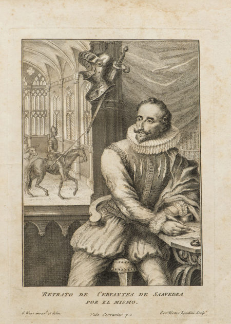 A portrait of Miguel de Cervantes, from an edition of Don Quixote published in London in 1738 by Jacob Tonson.