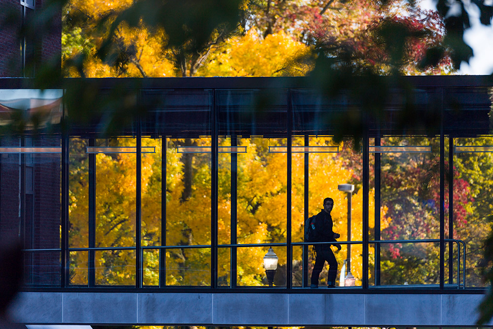 student walking across Douglass bridge with fall leaves behind