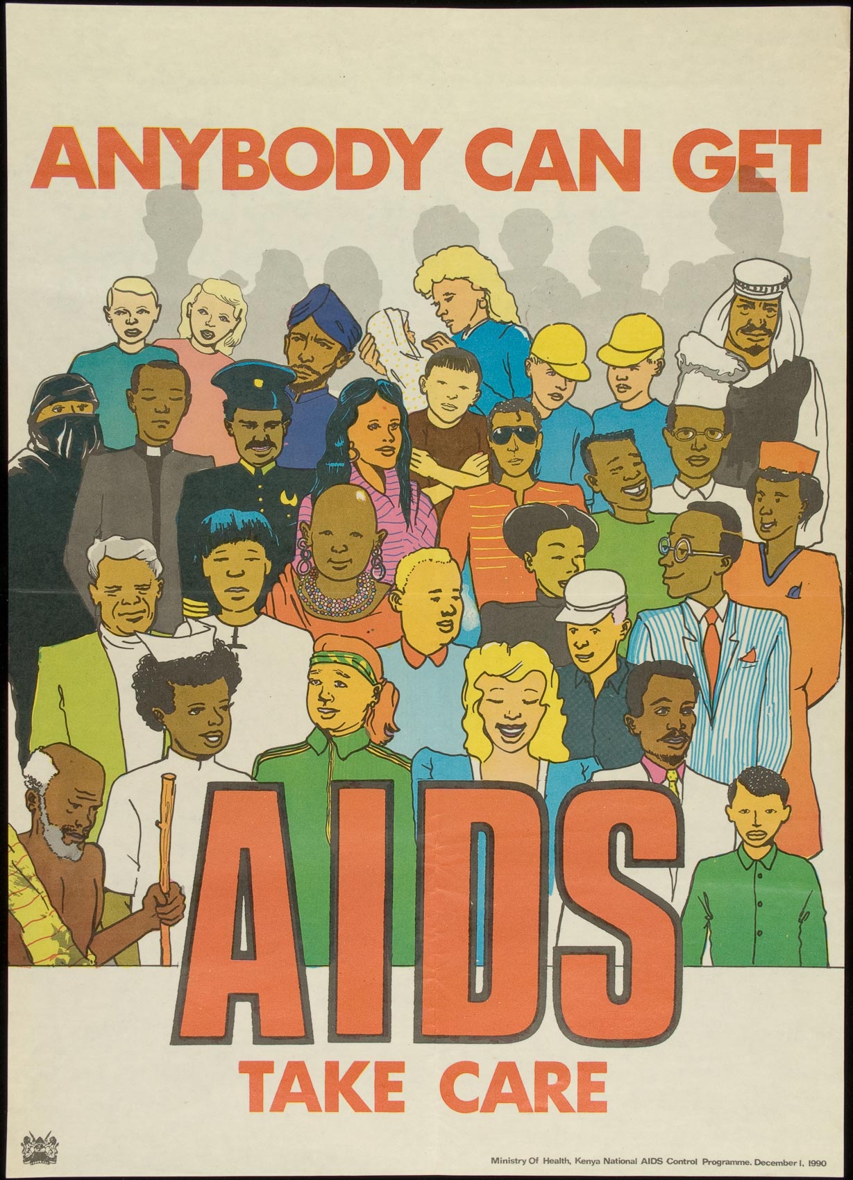 AIDS poster with a collage of people reads ANYBODY CAN GET AIDS TAKE CARE