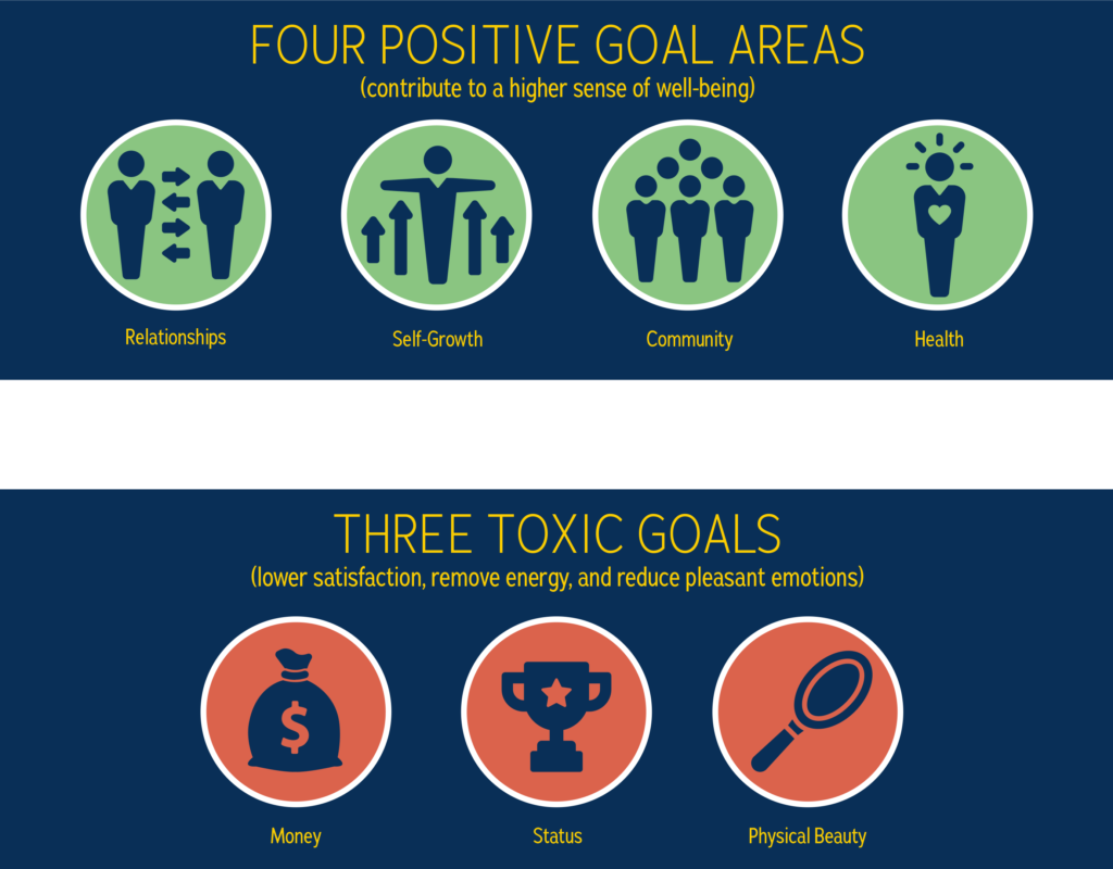 infographic showing four positive ways to make goals (relationships, self-worth, community, and growth) and three toxic types of goals (money, status, physical beauty)