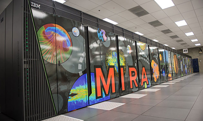 large supercomputer with word MIRA written on front