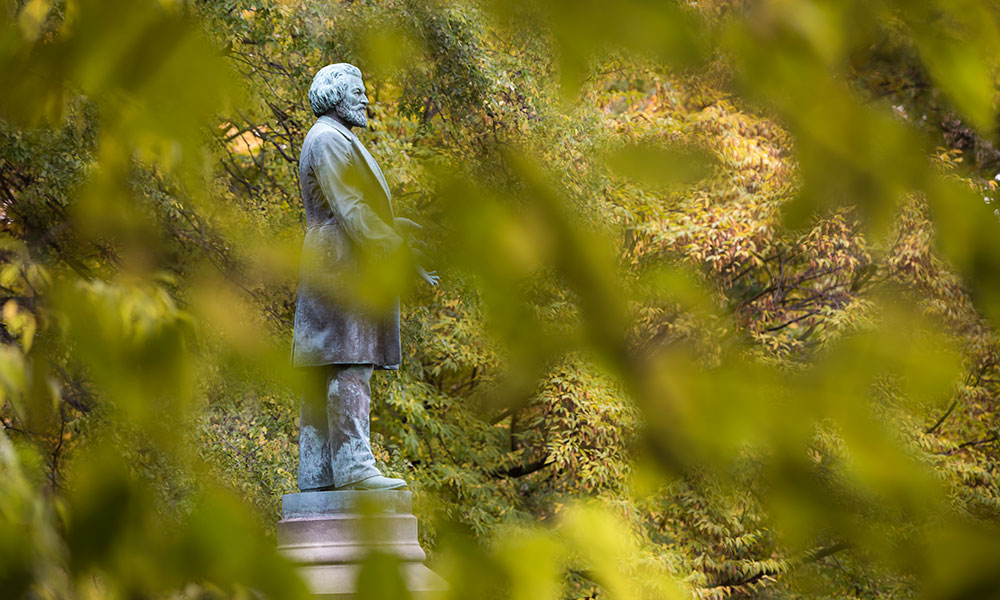 profile view of Frederick Douglass statue in Rochester's Highland Park.