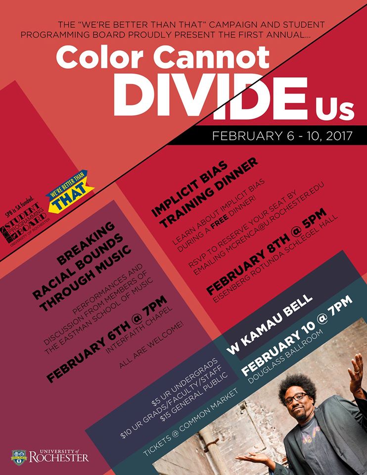 Poster listing events for Color Cannot Divide Us Week