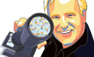 illustration of Harry Reis looking at people under a microscope