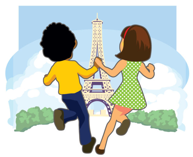 illustration of two people holding hands and running towards the Eiffel Tower