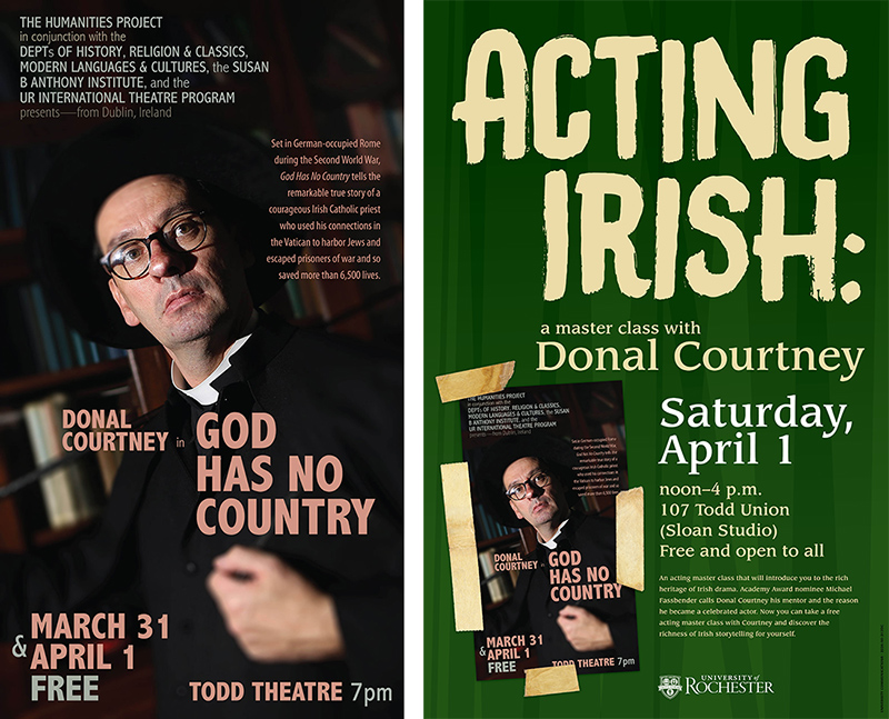 two posters side by side, one promoting the GOD HAS NOT COUNTRY play aon March 31 and April 1 and the other promoting the ACTING IRISH master class on April 1