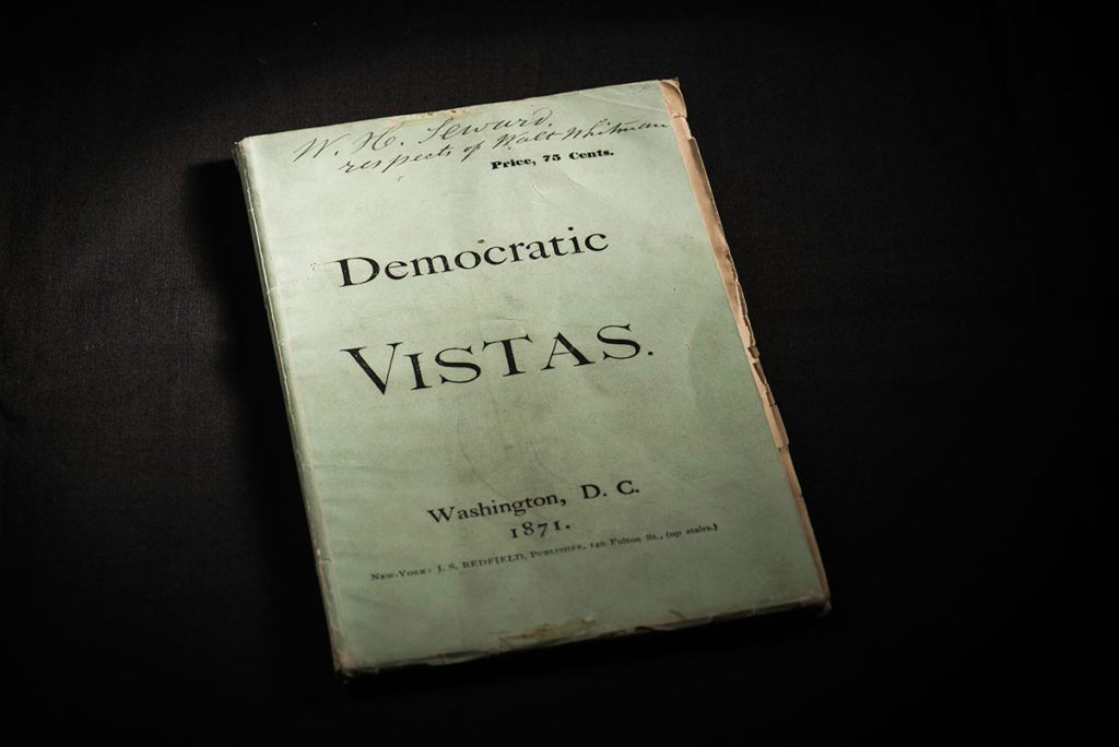 cover of DEMOCRATIC VISTAS, with Walt Whitman's signature