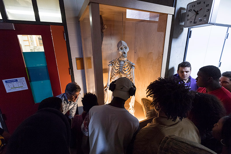 student group gathers in front of a gorilla skeleton