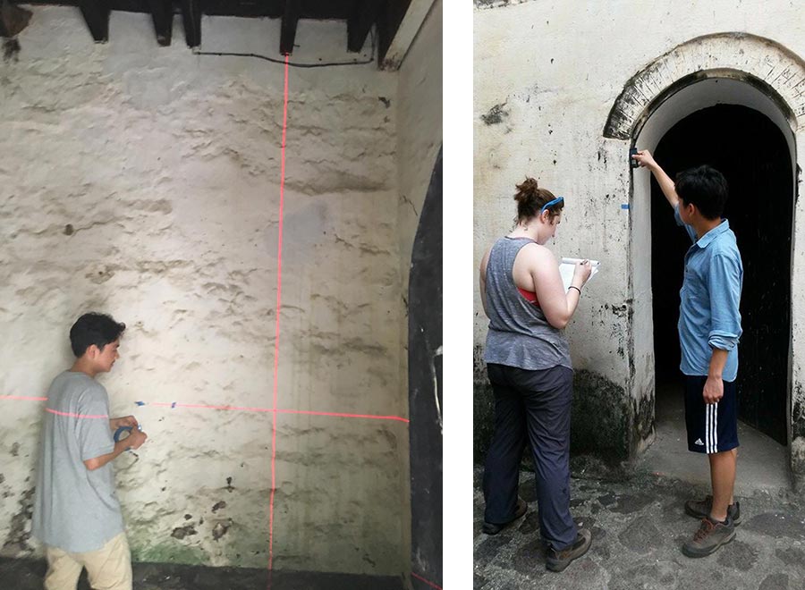 two photos side by side showing researchers measuring old structures by creating lines with lasers