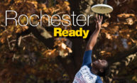 student catching a frisbee; title says ROCHESTER READY