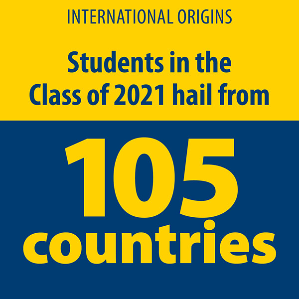 infographic reads INTERNATIONAL ORIGINS. STUDENTS IN THE CLASS OF 2021 HAIL FROM 105 COUNTRIES