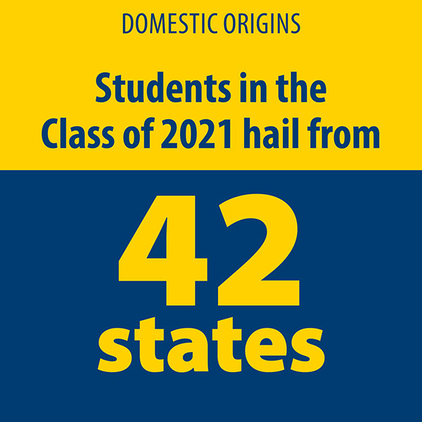 infographic reads DOMESTIC ORIGINS. STUDENTS IN THE CLASS OF 2021 HAIL FROM 42 STATES