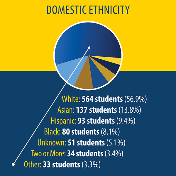 pie chart shows the ethnicity of U.S. students. 564 students (56.9%) are white; 137 (13.8%) are Asian, 93 (9.4%) are Hispanic; 80 (8.1%) are black; 51 (5.1%) are unknown; 34 (3.4%) are two or more; 33 (3.3%) are other