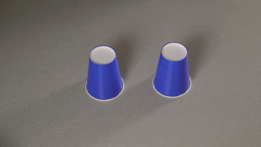 animation of one vall being shuffled under two cups and then revealed to be two balls, one under each cup