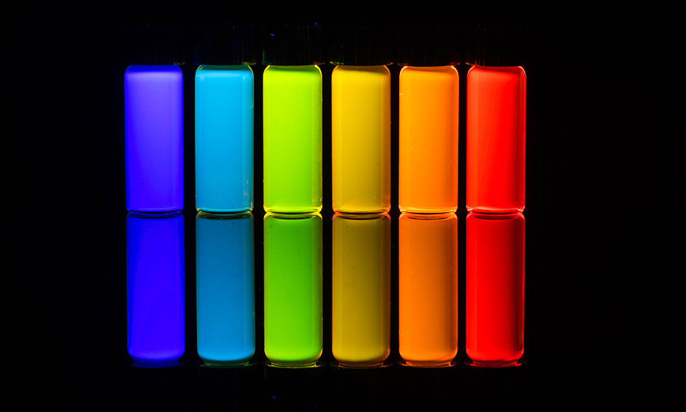Quantum dots fluoresce in a range of colors under UV light.