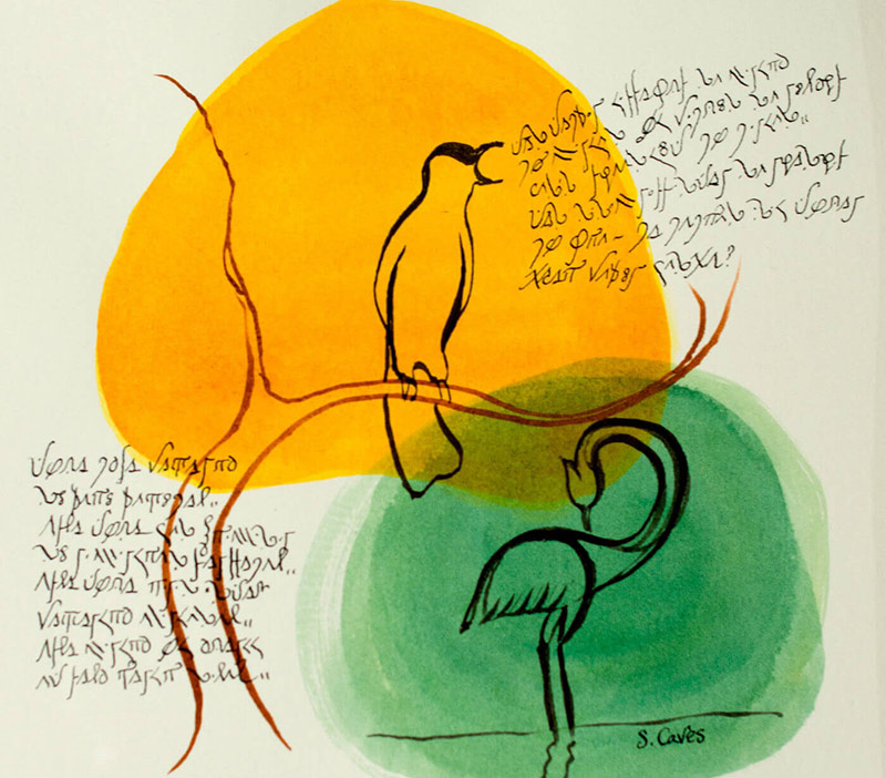 illustration of two birds with writing from a constructed language