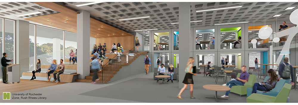 rendering showing students walking and sitting in an open meeting space