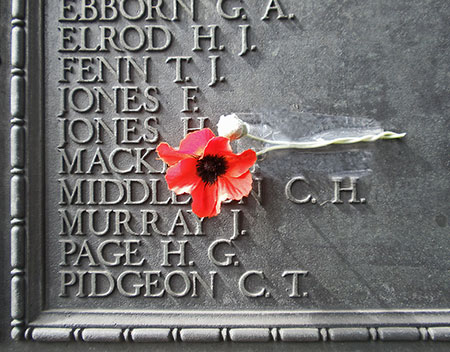 closeup of names on World War I memorial with a red poppy flower taped to the monument