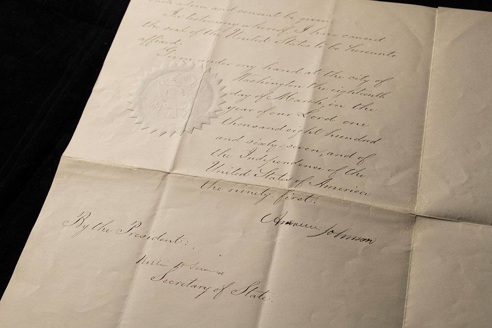sealed document with the signature of Andrew Johnson