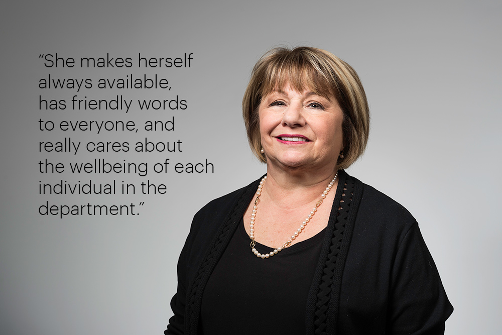 Portrait with the quote, “She makes herself always available, has friendly words to everyone, and really cares about the wellbeing of each individual in the department.”