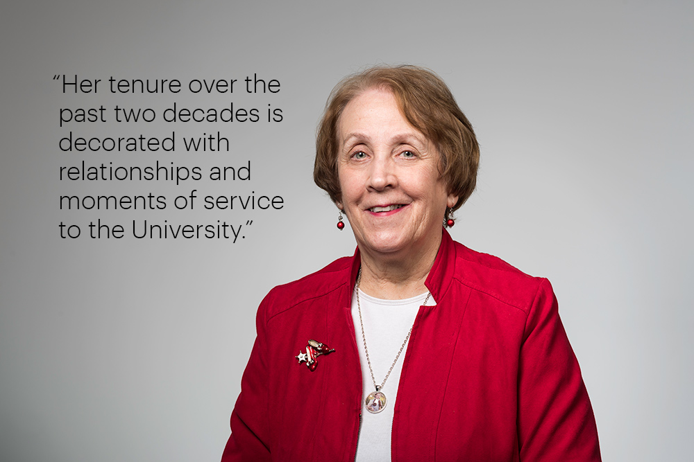 portrait with quote “Her tenure over the past two decades is decorated with relationships and moments of service to the University."