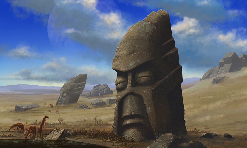 illustration reminiscent of the head statues on Easter Island.