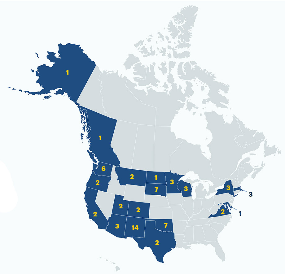 mpa of the US and Canada, colored in to show which states and provinces students are from