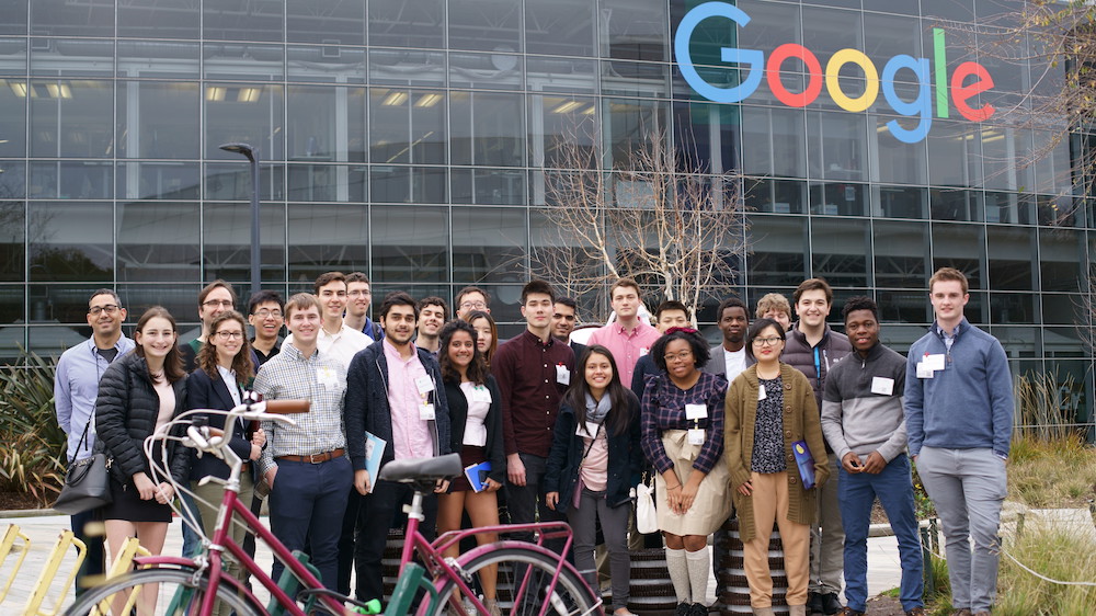 students assembled in front of Google HQ