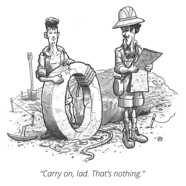 cartoon of two archeologists, one holding a large stone number zero, and the other saying Carry On, Lad, That's Nothing