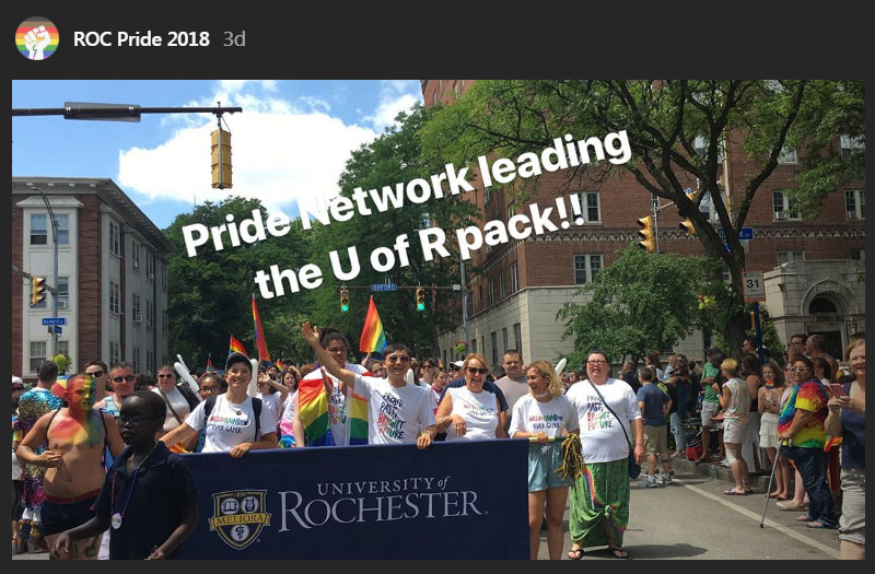 large group holding a banner that reads University of Rochester from the UR PRide Network Instagram account