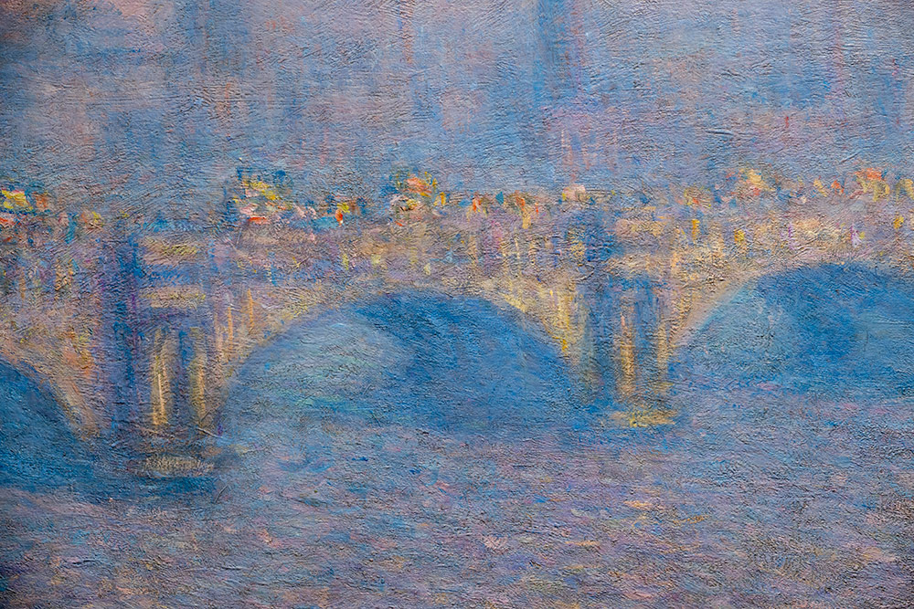 close-up detail of brush stroke's in one of Monet's Waterloo Bridge paintings.