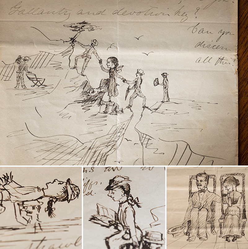 four examples of letters showing illustrations, including a woman being helped across a mountain range, and woman being carried across a river, a woman reading a book, and a man and woman sitting next to each other. 