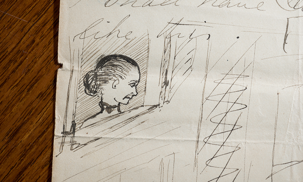pen-and-ink illustration in the margin of a handwritten letter shows a woman looking sadly out a window.