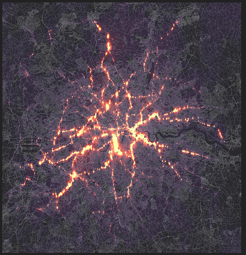 heat map showing the concentrations of traffic going in an out of London.