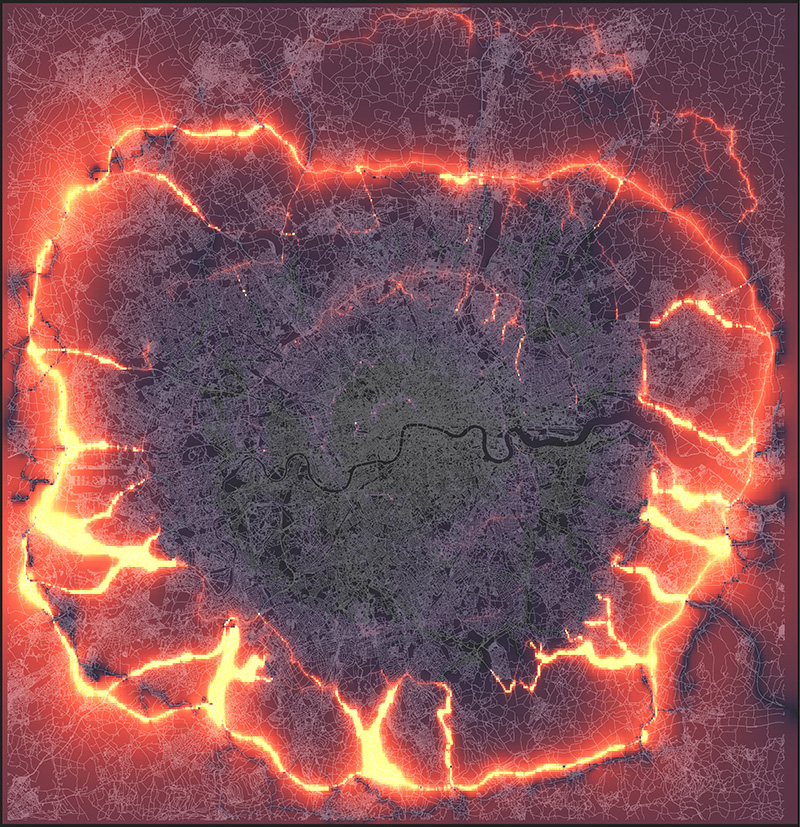 heat map showing the concentration of traffic on the outer rings of London 