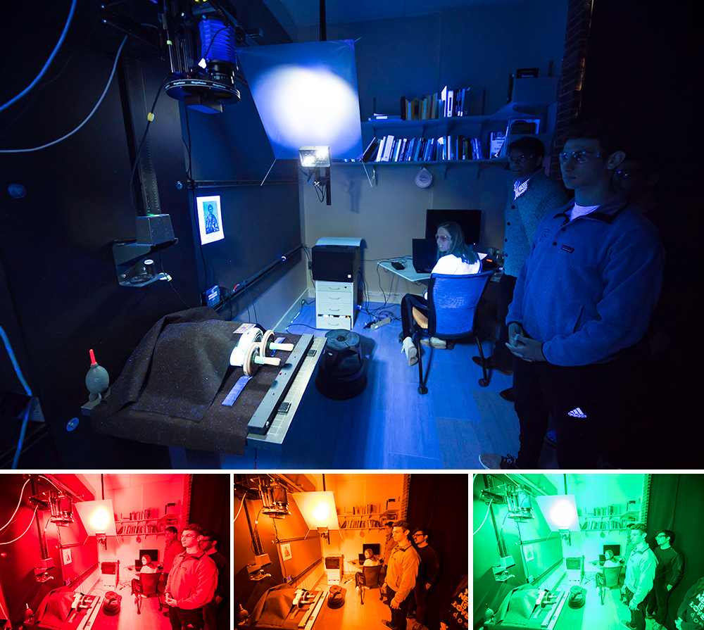 four images of the same scene of students in a lab, each one lit up with a different burst of color.