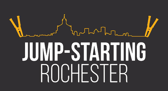 illustration of city skyline with the text JUMP STARTING ROCHESTER