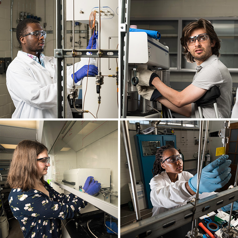 a quartet of photos, each showing a single researcher in googles and lab coat at work in the lab