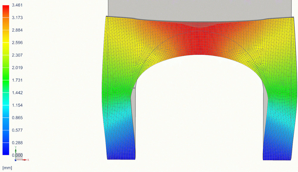 colorful computer model of a room with a cruved ceiling show points of structural weakness in red.