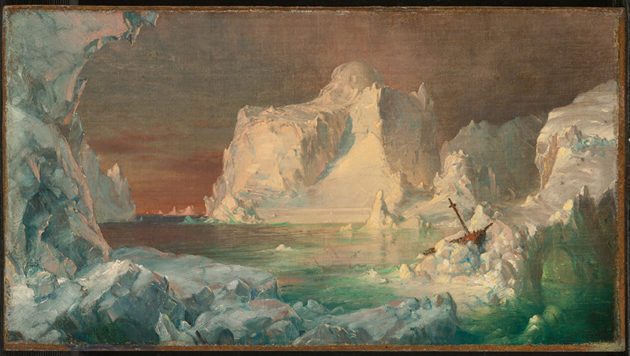 Iceberg ascending from a sunlight sea, with ship wreckage in lower right corner.