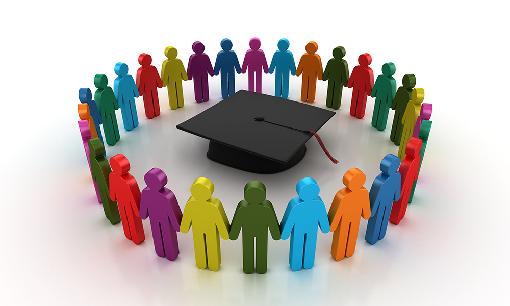 image of illustrated people circling a mortarboard