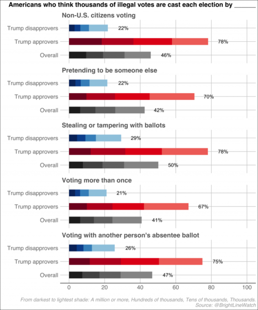 Bar graphs shows Trumps supporters and opposers beliefs about illegal voting in 2020 election.